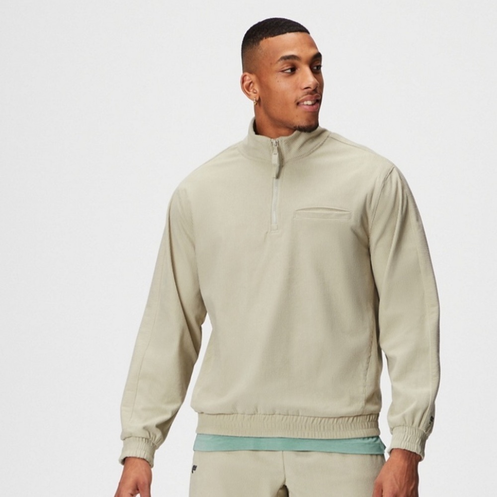 Fabletics The Club Corduroy 1/4 Zip Pullover Jacket Stone Beige Mens L
